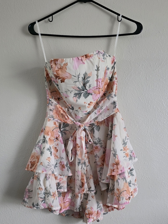 saints + secrets Pants - Floral Strapless Tiered Ruffle Romper- Peach & Pink